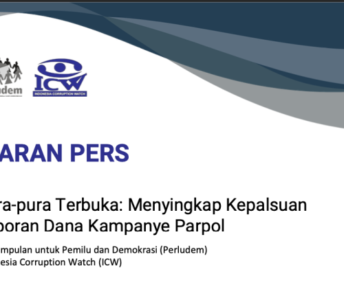 Tampilan halan depan siaran pers dengan logo ICW dan Perludem dengan judul: "SIARAN PERS Pura-pura Terbuka: Menyingkap Kepalsuan Laporan Dana Kampanye Parpol"