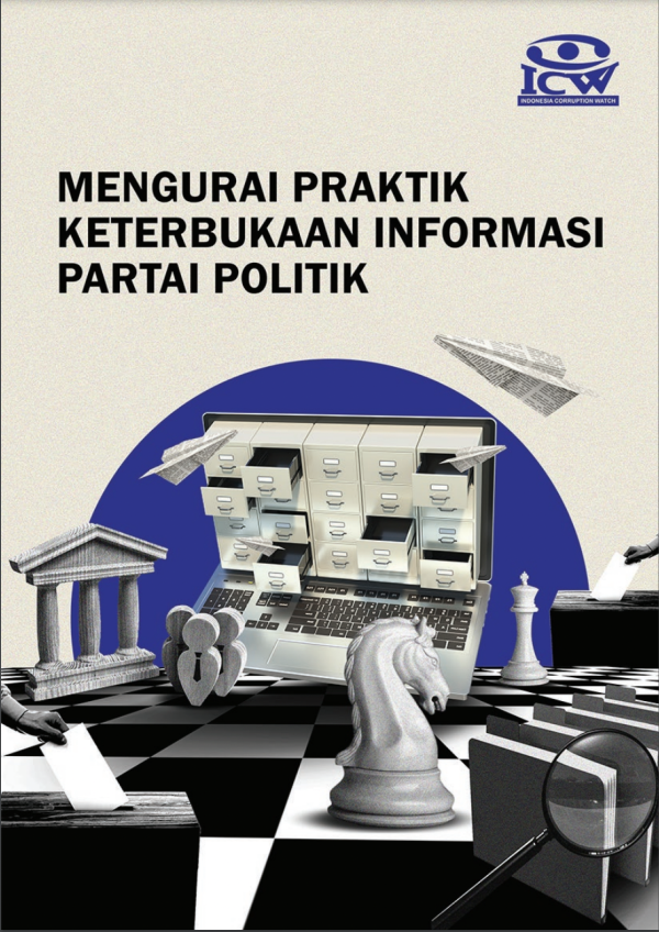 Desain muka Laporan Penelitian Mengurai Praktik Keterbukaan Informasi Partai Politik dengan komposisi warna teks hitam, background bewarna putih gading, dan diisi dengan ilustrasi papan catur, bidak catur, serta lemari yang terbuka dengan dokumen-dokumen di dalamnya berterbangan